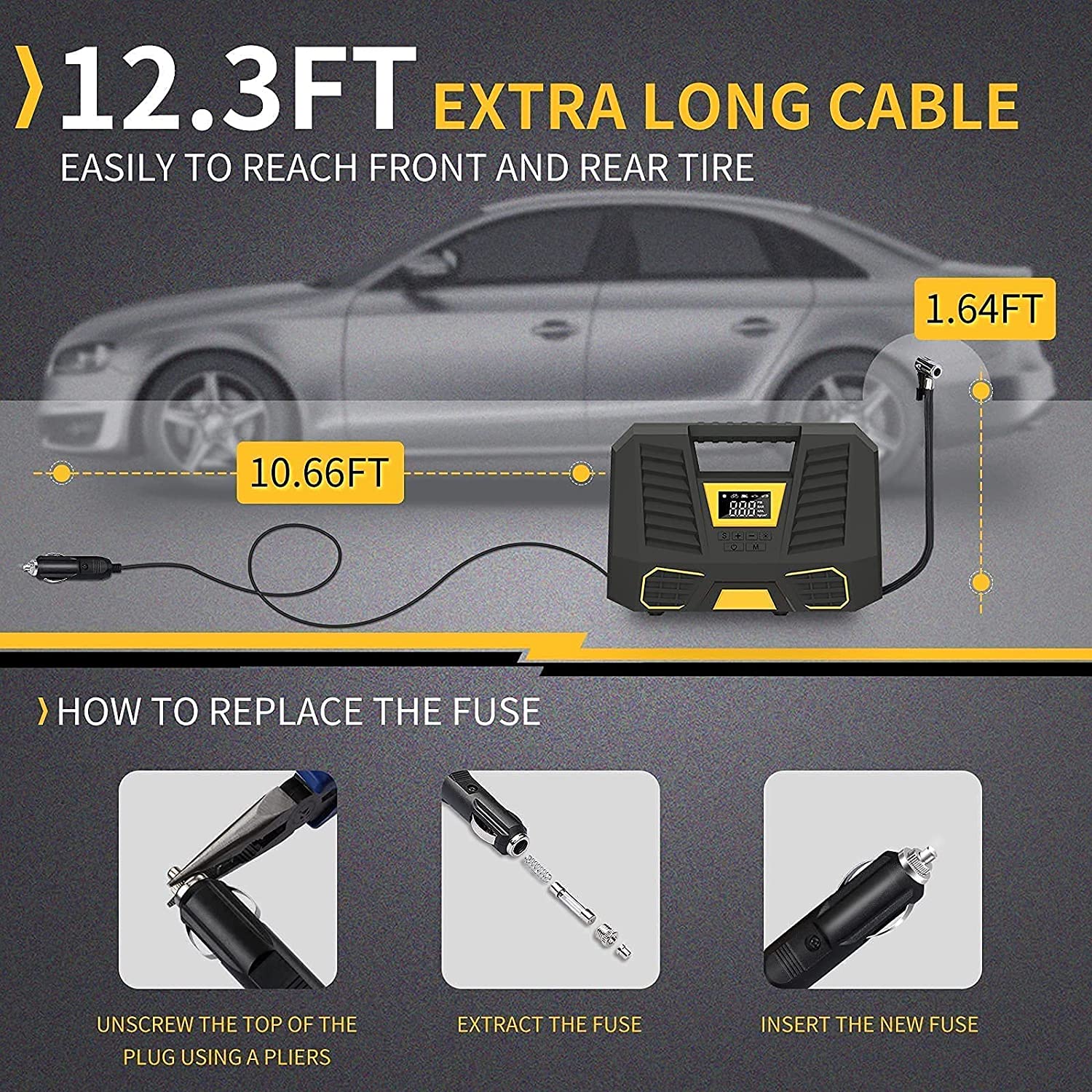 tEokEibEno Portable Air Compressor Tire Inflator，12V DC Car Pump with Digital Pressure Gauge