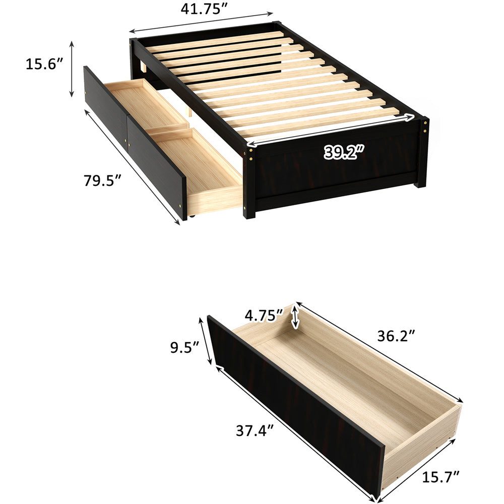 Wood Twin Platform Bed Frame with Drawers for Girls Boys, Kids Twin Size Bed Frame with Storage, Wood Slat Support, No Box Spring Needed, Espresso, LLL4665