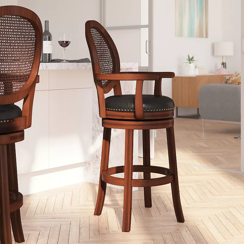 Merrick Lane Mathieu Swivel Stool with Oval Rattan Back， Arms and Upholstered Swivel Seat