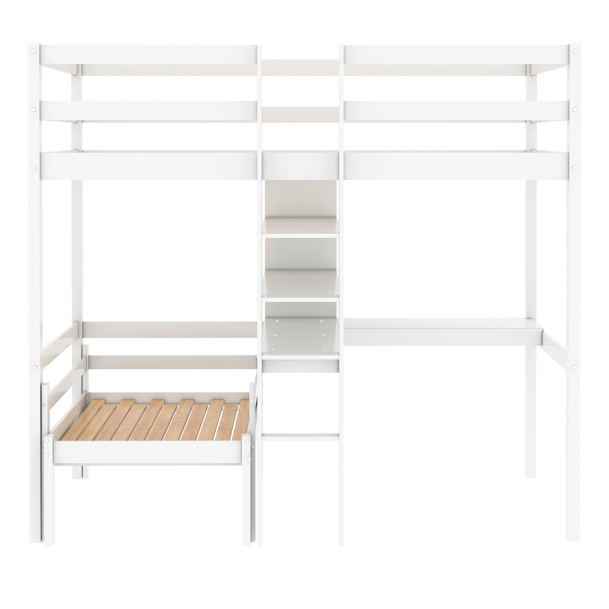 Euroco Twin Size Wood Bunk Bed with Shelves & Desk for Kids Bedroom, White