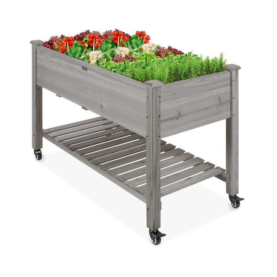 Outdoor Wood Raised Garden Bed Planter Box with Shelf and Locking Wheels   48\