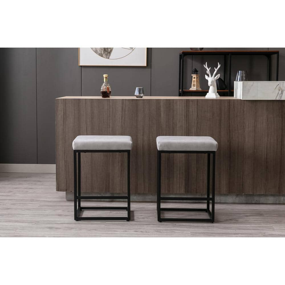 URTR 24 in. Gray Counter Height Backless Bar Stools Set Dining Stools with Faux Leather Seat and Metal Frame (Set of 2) HY02157Y