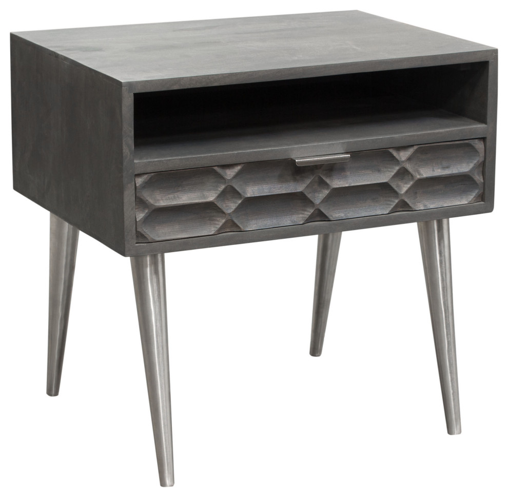 Petra Solid Mango Wood 1 Drawer Accent Table  Smoke Gray Finish With Nickel Legs   Midcentury   Side Tables And End Tables   by VirVentures  Houzz