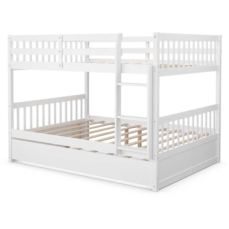 Solid Wood Full Over Full Bunk Bed Frame with Trundle, Safety Ladder & Guardrails, Convertible Bunk Bed for Kids Teens