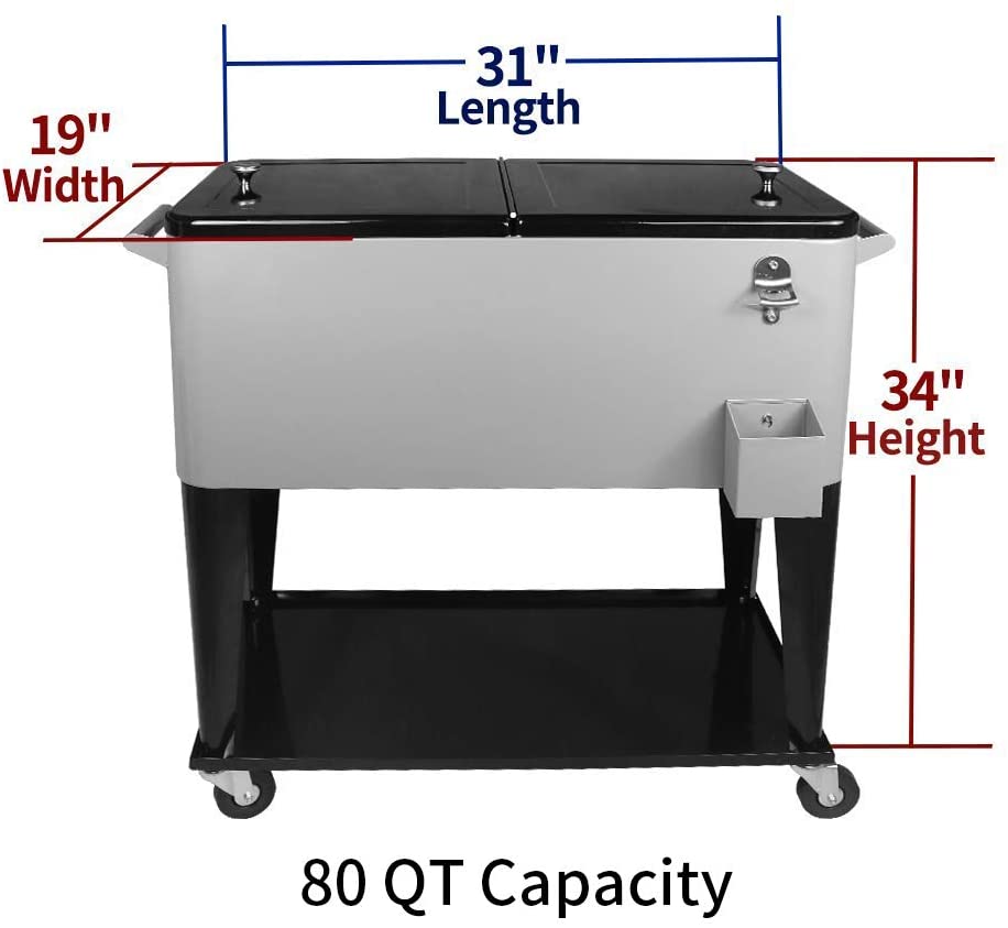 80 Quart Rolling Cooler Cart for Outdoor Patio Deck Party, Portable Party Bar Cold Drink Beverage Cart