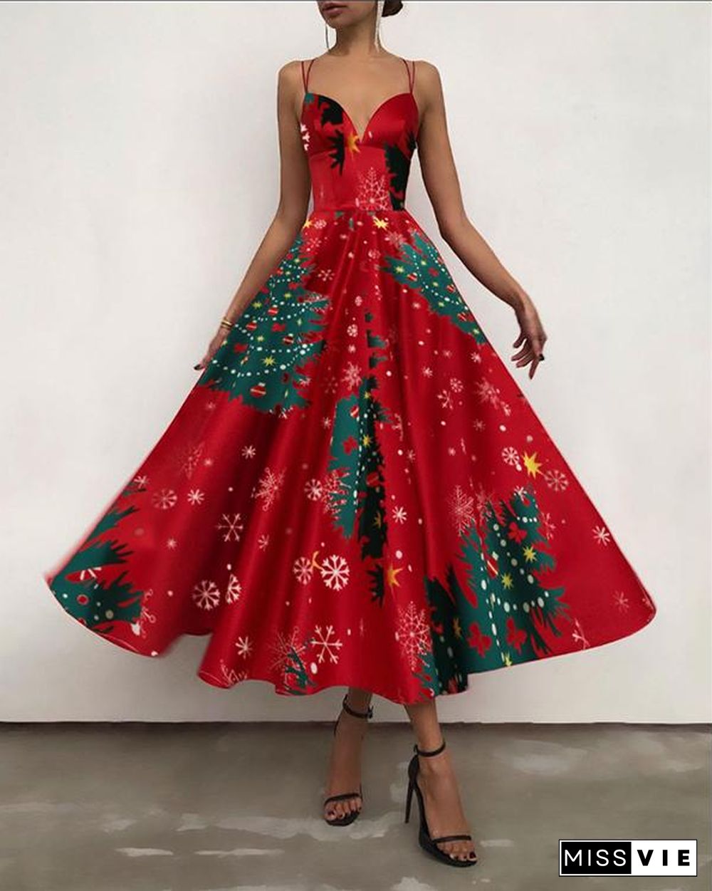 Women Elegant Open Back Print Christmas Party Dress Sling Maxi Swing Dress