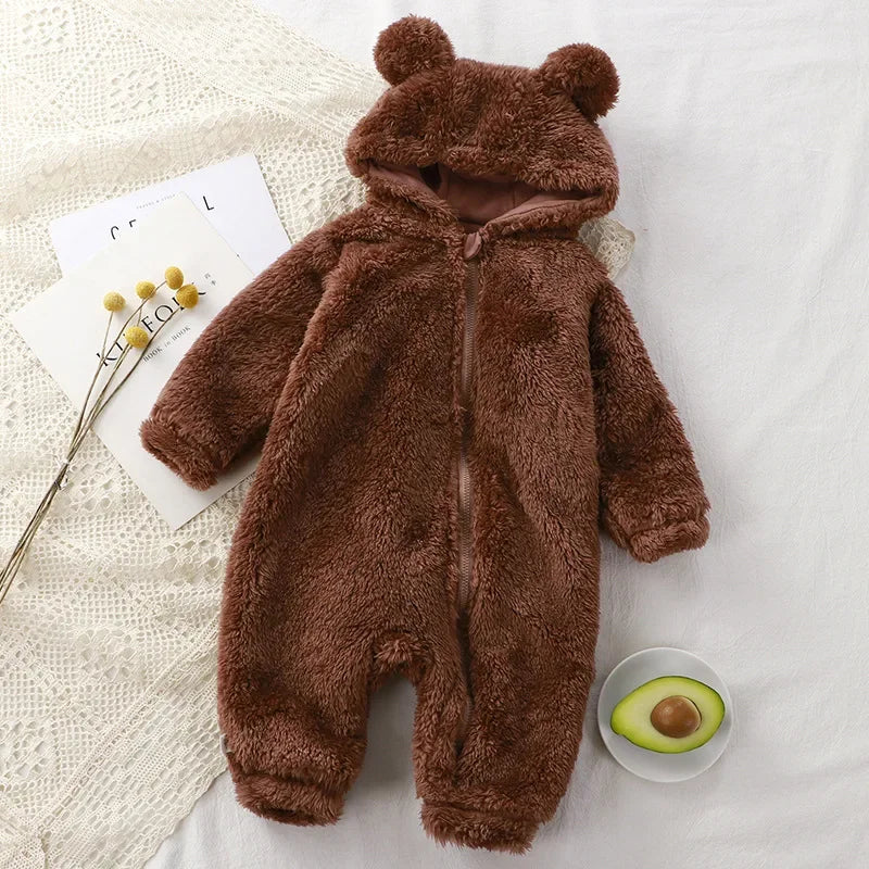 Thick Warm Baby Rompers Cute Winter Infant Jumpsuits Hooded Coral Fleece Bear Shape Newborn Soft Pajamas Overalls Clothing