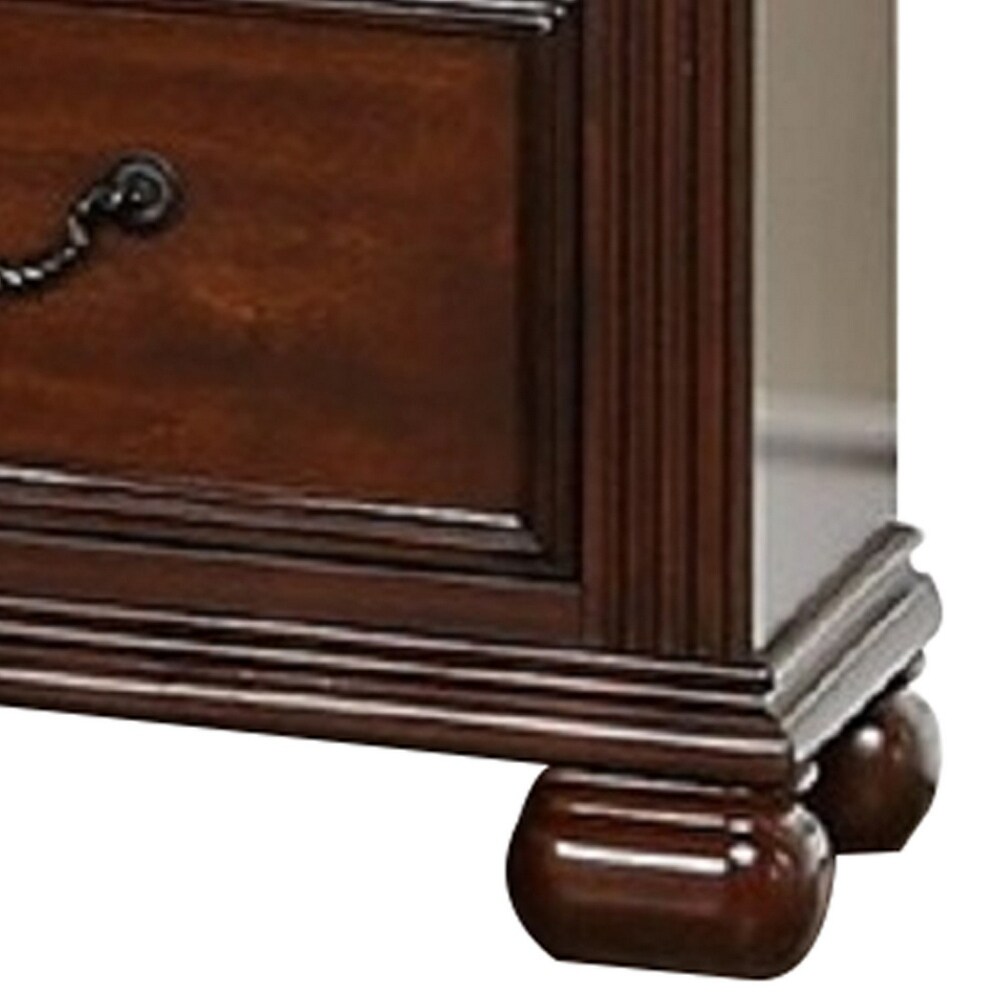 Miri 25 Inch 3 Drawer Nightstand  Brass Carved Accents  Cherry Oak Brown