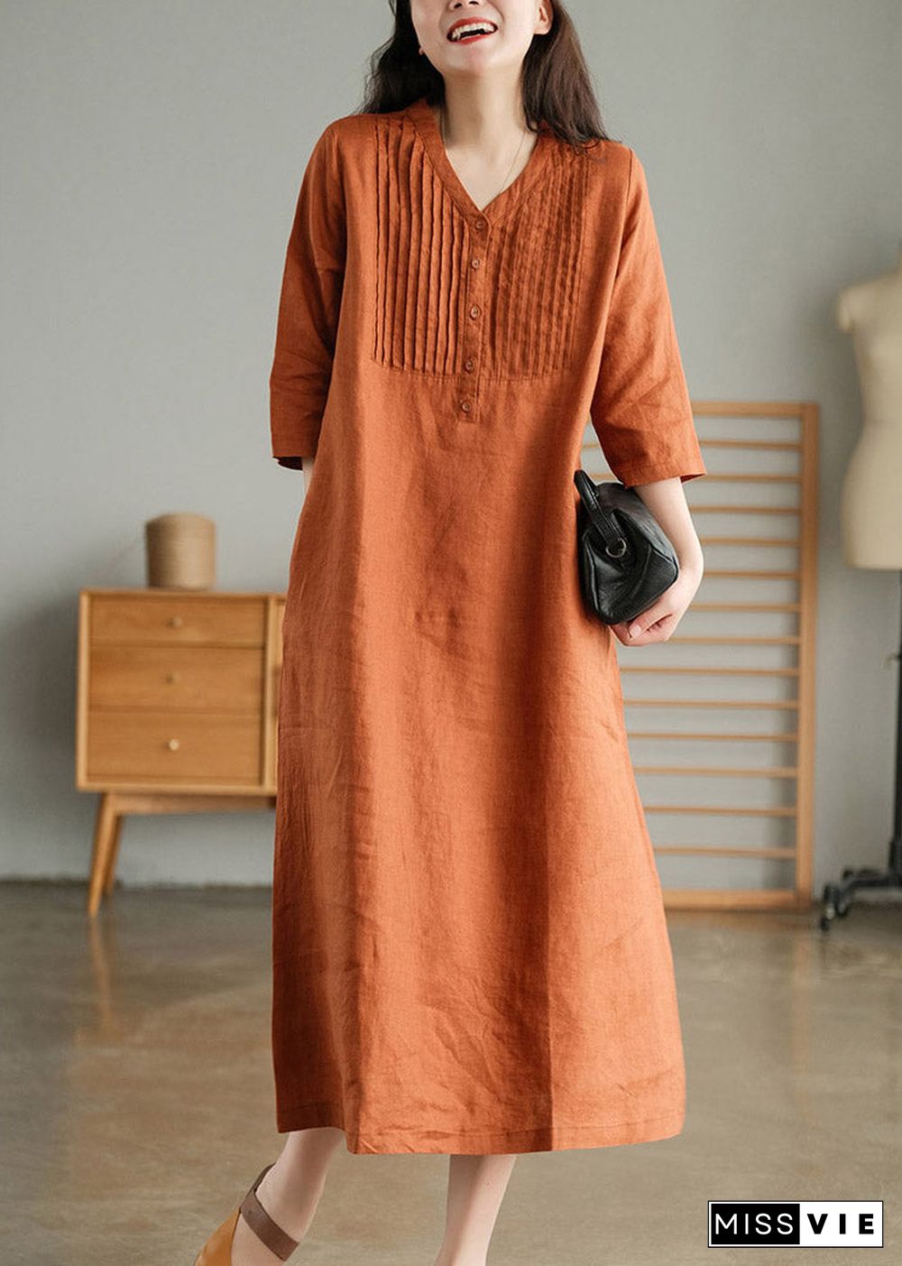 Print4 Loose Linen Long Dresses Button Solid Half Sleeve