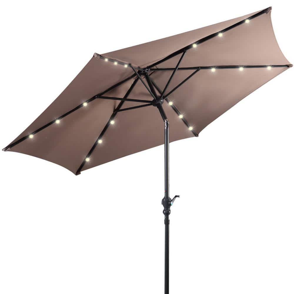 WELLFOR 9 ft Steel Market Solar Tilt Patio Umbrella with Crank and LED Lights in Tan