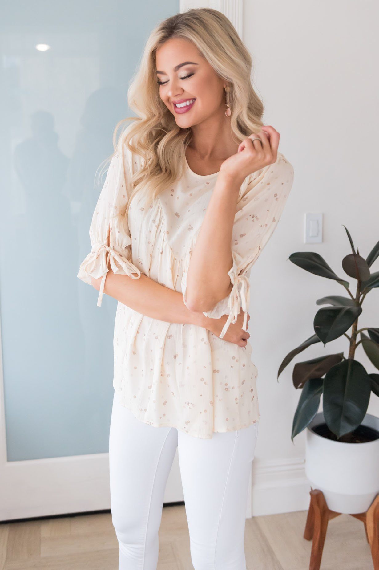 Summer Flowers Modest Tie Sleeve Top