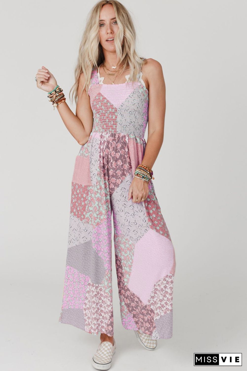 Pink Irregular Patchwork Print Smocked Wide Leg Jumpsuit