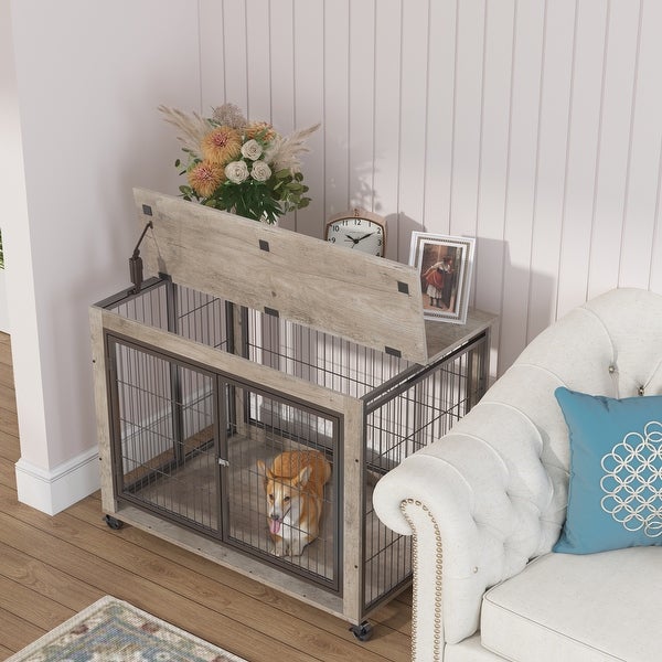 Furniture Style Dog Crate Side Table With Wheels and Lift Top