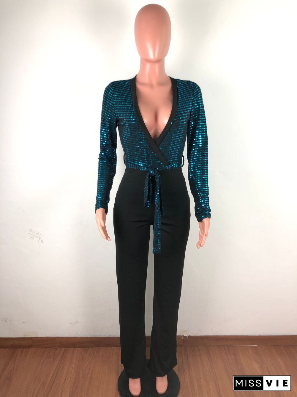 Sexy Deep V Sequin Wide-legs Jumpsuit