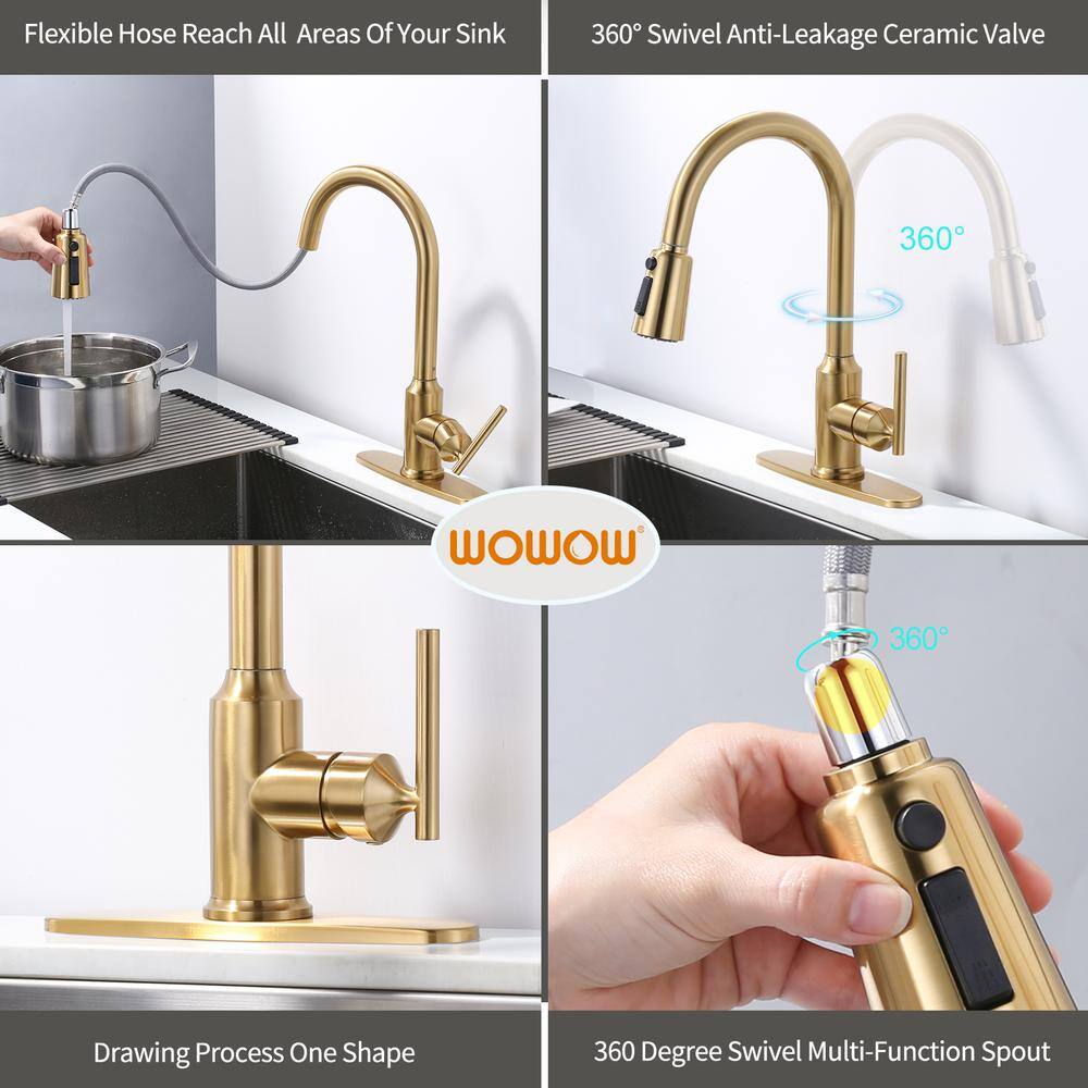 WOWOW Single-Handle Wall Mount Gooseneck Pull Down Sprayer Kitchen Faucet with Deckplate Included in Brushed Gold 2312701G-AMUS