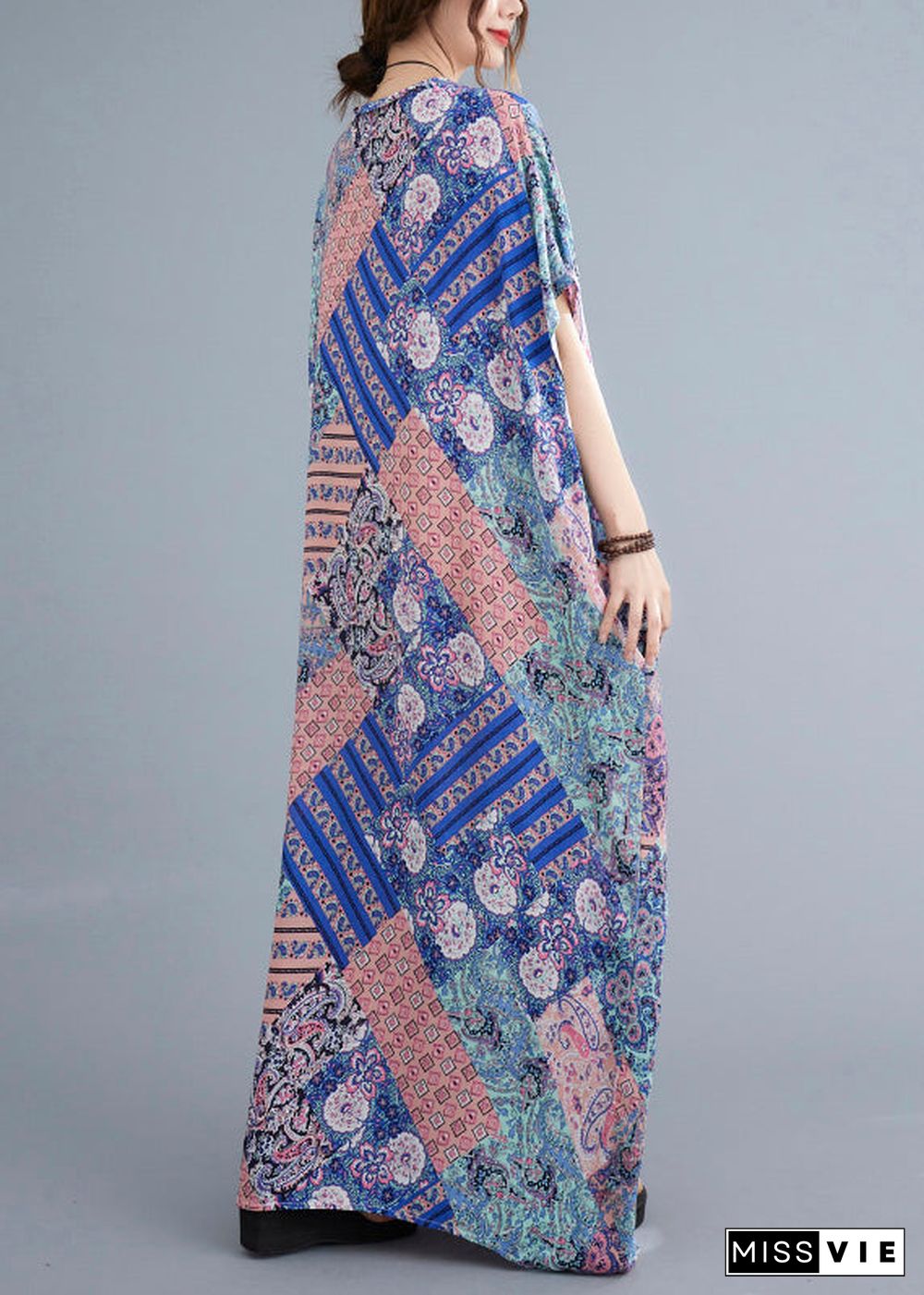 Pink Blue Patchwork Vacation Cotton Maxi Dresses Summer