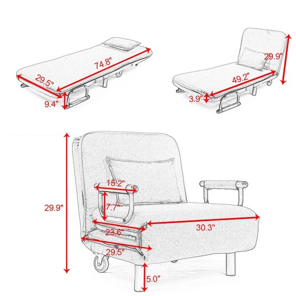 29.5'' Convertible Folding Sofa Chair with Adjustable Backrest， Wheels， Metal Legs and Pillow for Modern Lounge