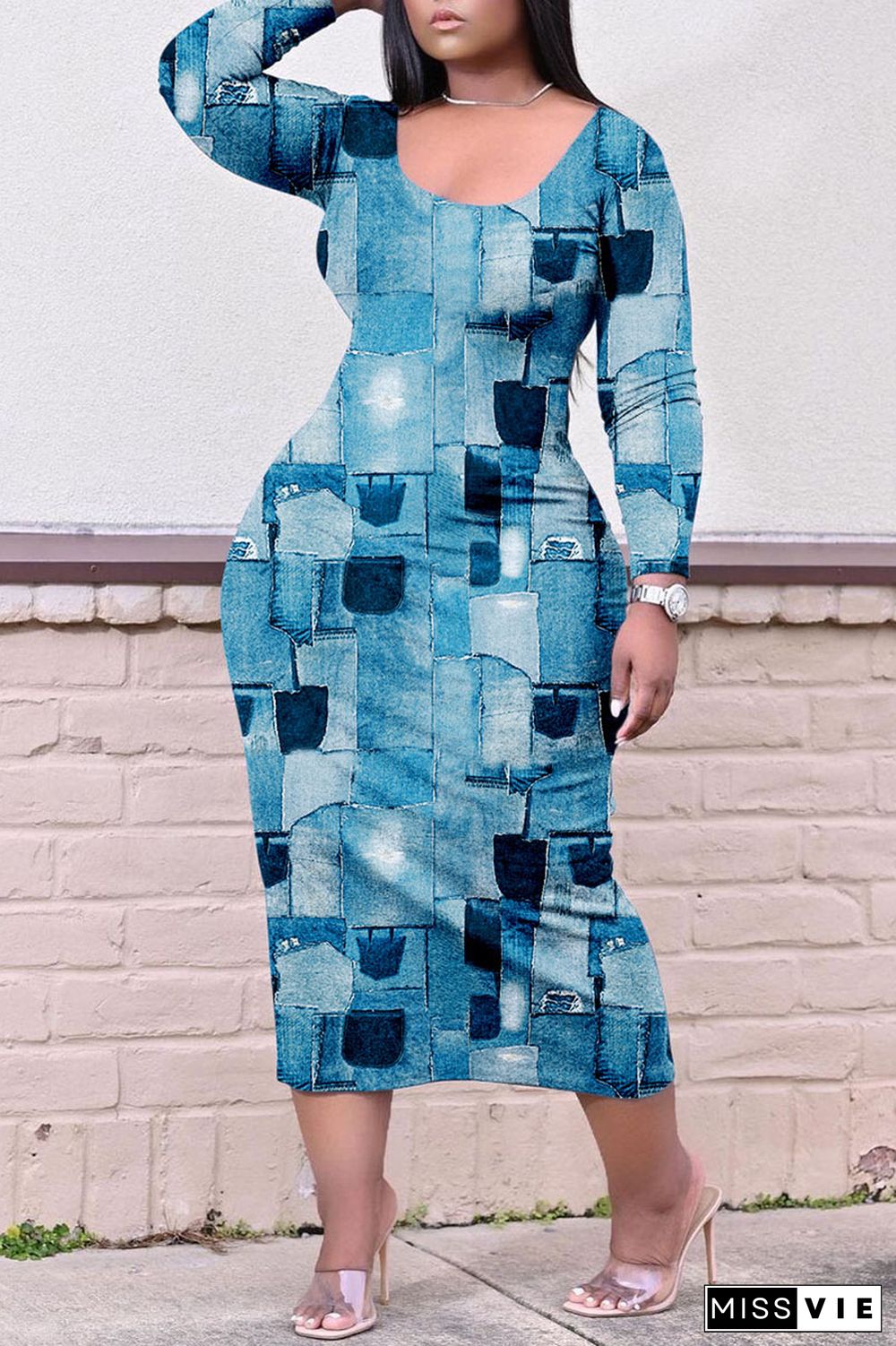 Royal Blue Casual Print Patchwork O Neck Straight Plus Size Dresses