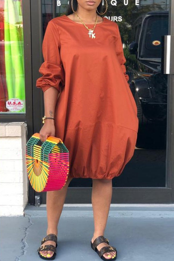 Casual Loose Solid Color Pocket Midi Dress