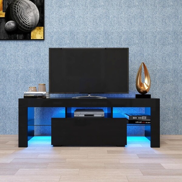 Black TV Stand with LED RGB Lights，Flat Screen TV Cabinet