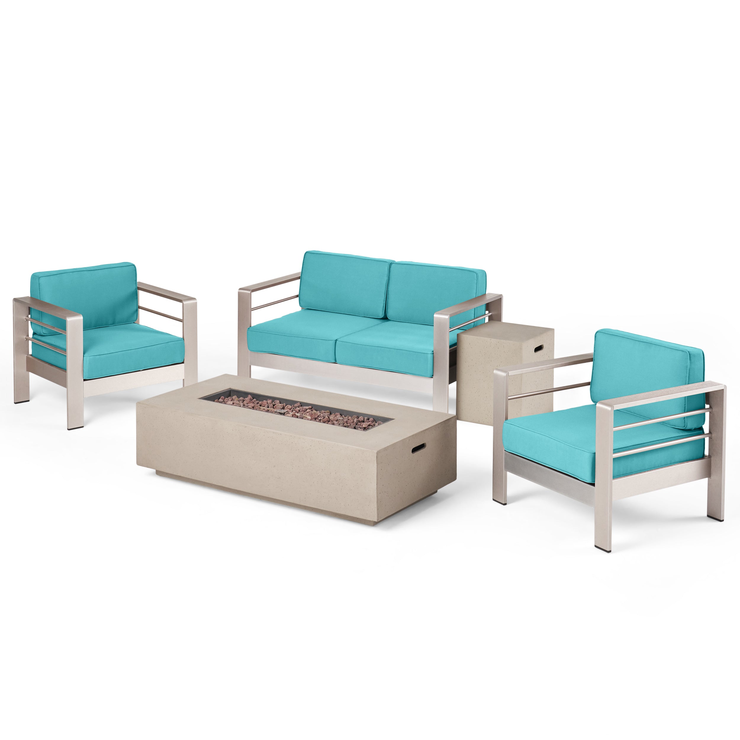 Coral Bay Outdoor 5 Piece Aluminum Chat Set with Sunbrella Cushions and Fire Pit