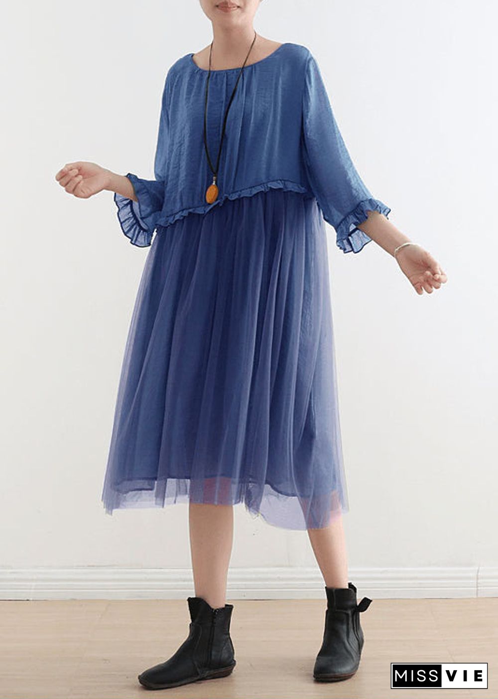 Royal Blue Tulle Maxi dresses Sundress Half Sleeve