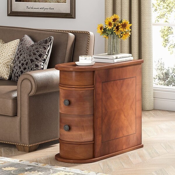 Solid Wood End Table， Two-drawer， Vintage Brown