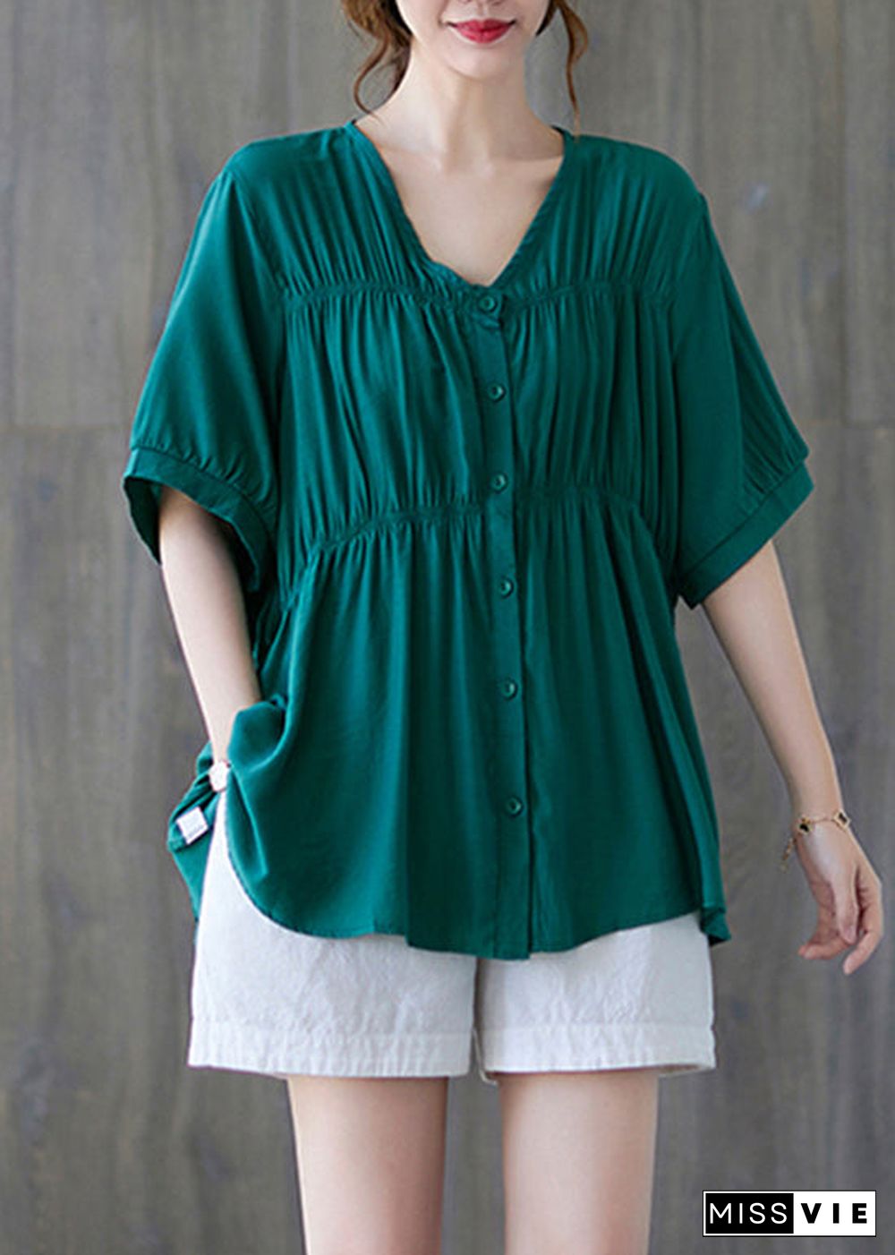 Women Green V Neck Buttton wrinkled Cotton Shirt Tops Short Sleeve