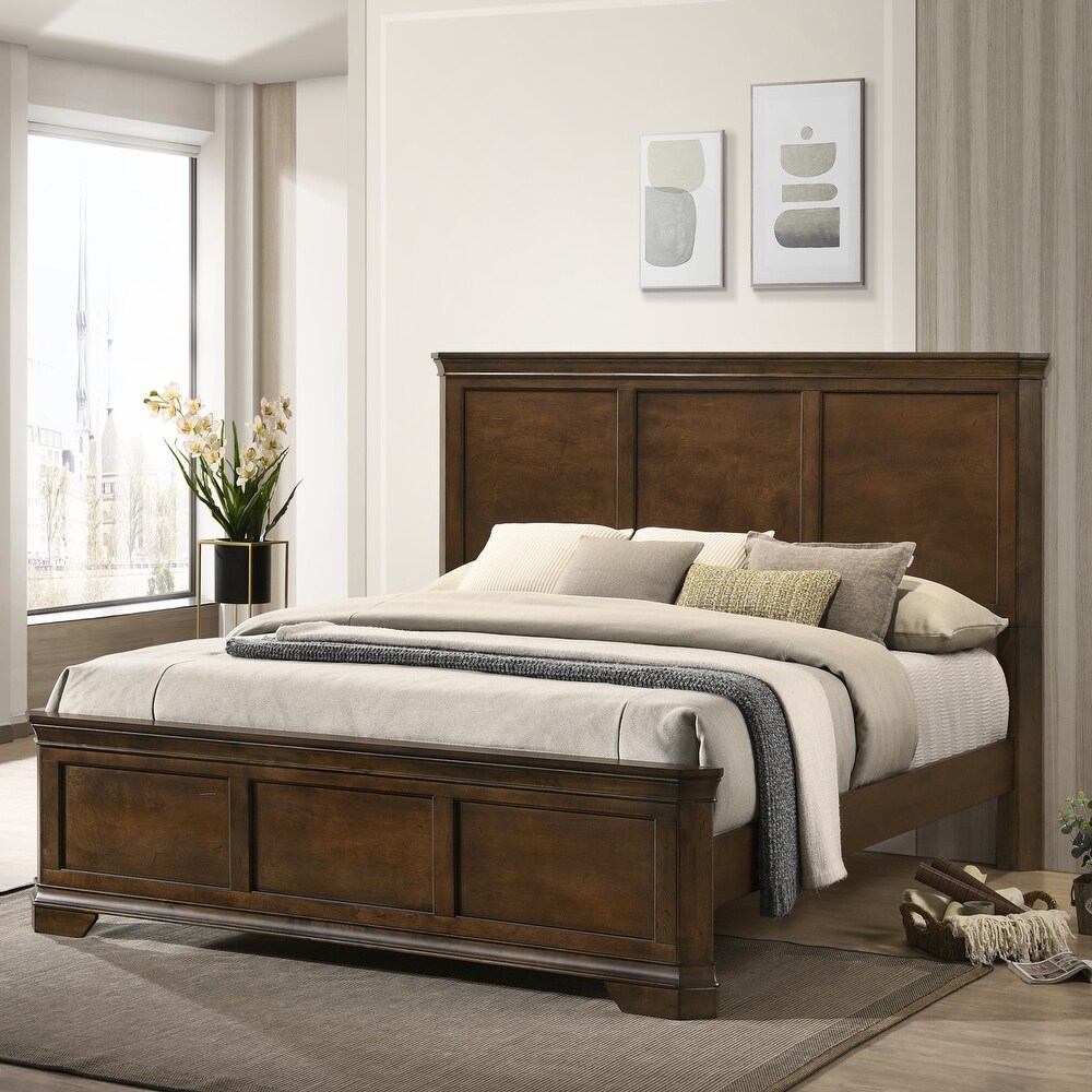 Roundhill Furniture Maderne Traditional Wood Panel Bed with Dresser  Mirror  Nightstand  Antique Walnut Finish