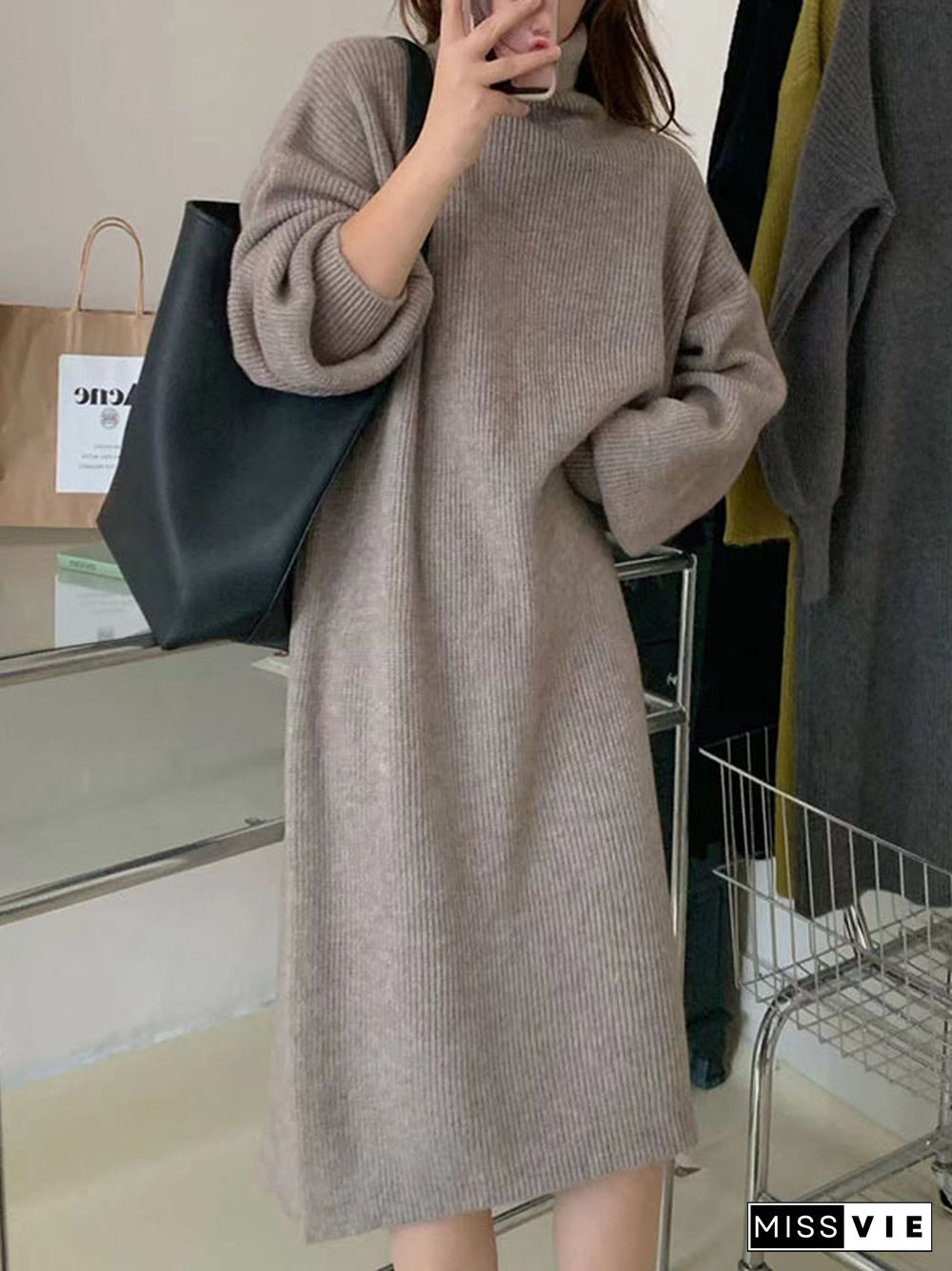 Long Sleeves Loose Solid Color High Neck Midi Dresses Sweater Dresses