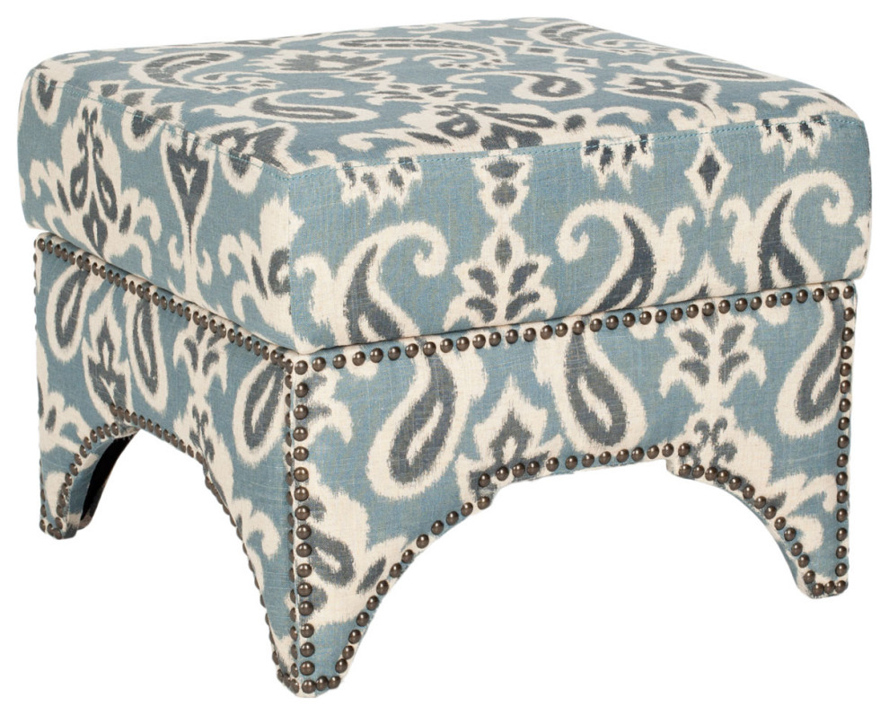 Clancy Ottoman Brass Nail Heads Blue/ Grey/ Off White Pattern   Mediterranean   Footstools And Ottomans   by Peachtree Fine Furniture  Houzz