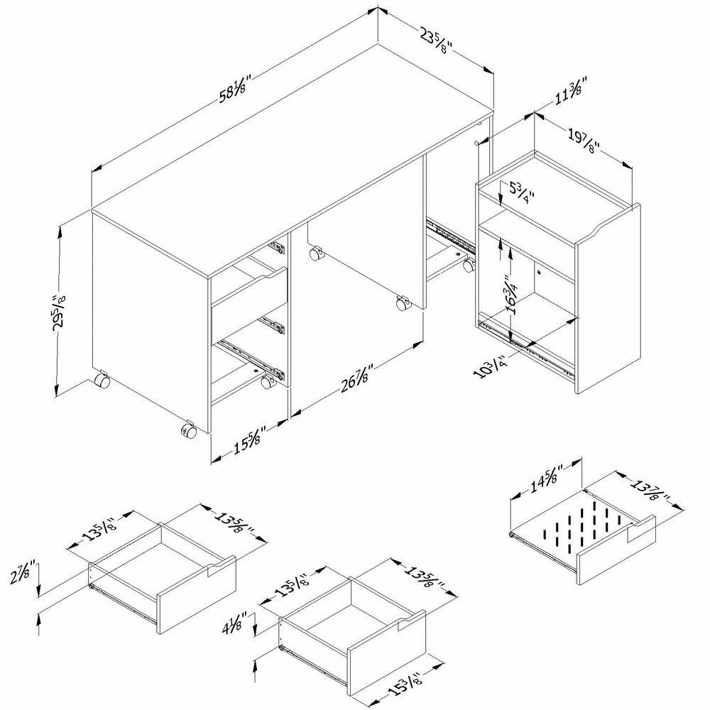 South Shore 58.12 in. Pure White Rectangular 4 -Drawer Writing Desk with Casters 7550728