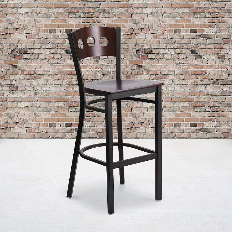 Emma and Oliver Black Metal 3 Circle Back Barstool， Wood Back and Seat