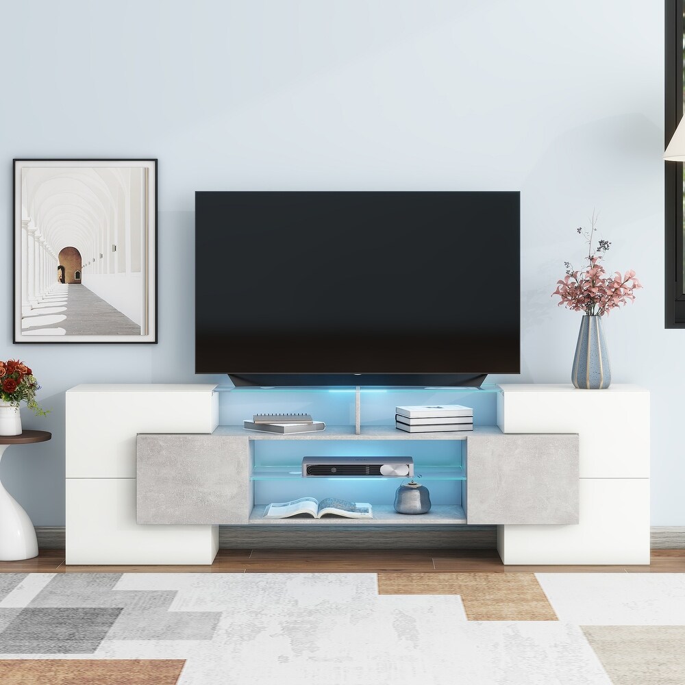 High Gloss TV Stand with 2 Illuminated Glass Shelves and Storage Cabinets  Entertainment Center with LED Lights for 80\