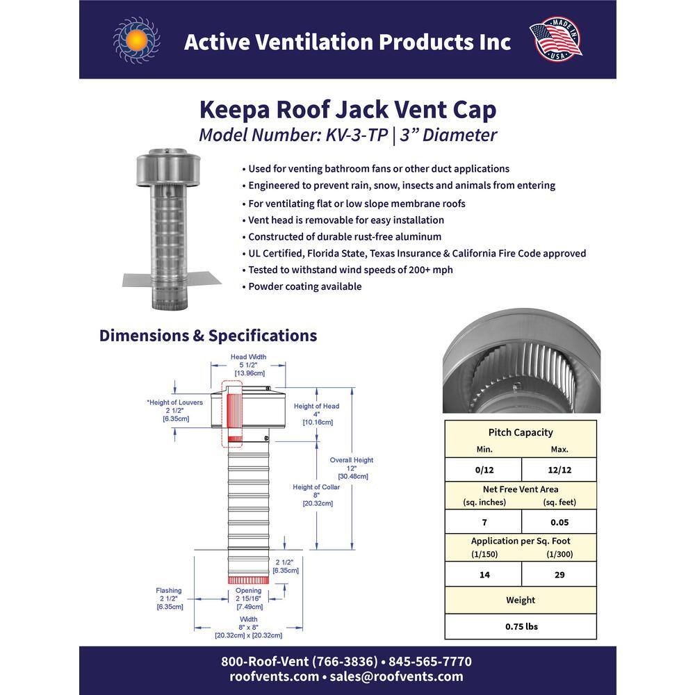 Active Ventilation 3 in. Dia. Aluminum Keepa Roof Jack with 2 in. Tail Pipe in Mill Finish KV-3-TP