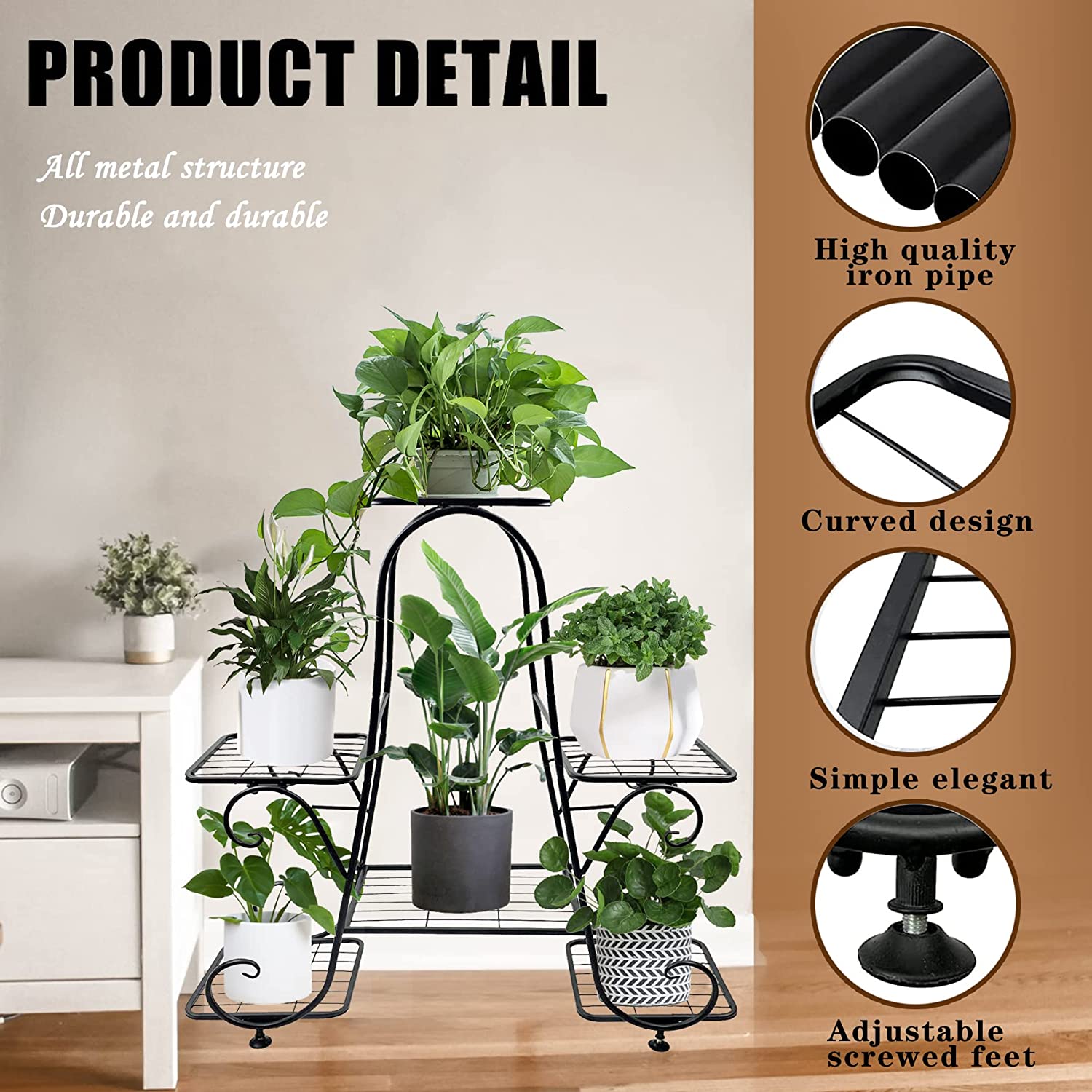 6 Tier Metal Plant Stand,Indoor Outdoor Multiple Tall Corner Flower Pot Holder Stands,Shelf Rack Wrought Iron Tiered Planter Shelves for Patio,Living Room, Garden, Balcony