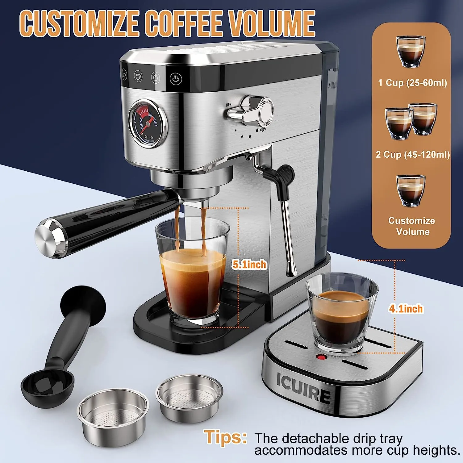 ICUIRE Espresso Machine, 20 Bar Compact Steam Espresso Coffee Machine with Milk Frother, Digital Touch Panel, 37 Oz Removable Water Tank for Espresso Make