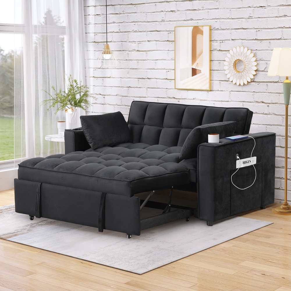 Velvet Upholstered Sofa Bed Convertible Sleeper Sofa with Cup Holder and USB Port   Perfect for Living Rooms and Apartments