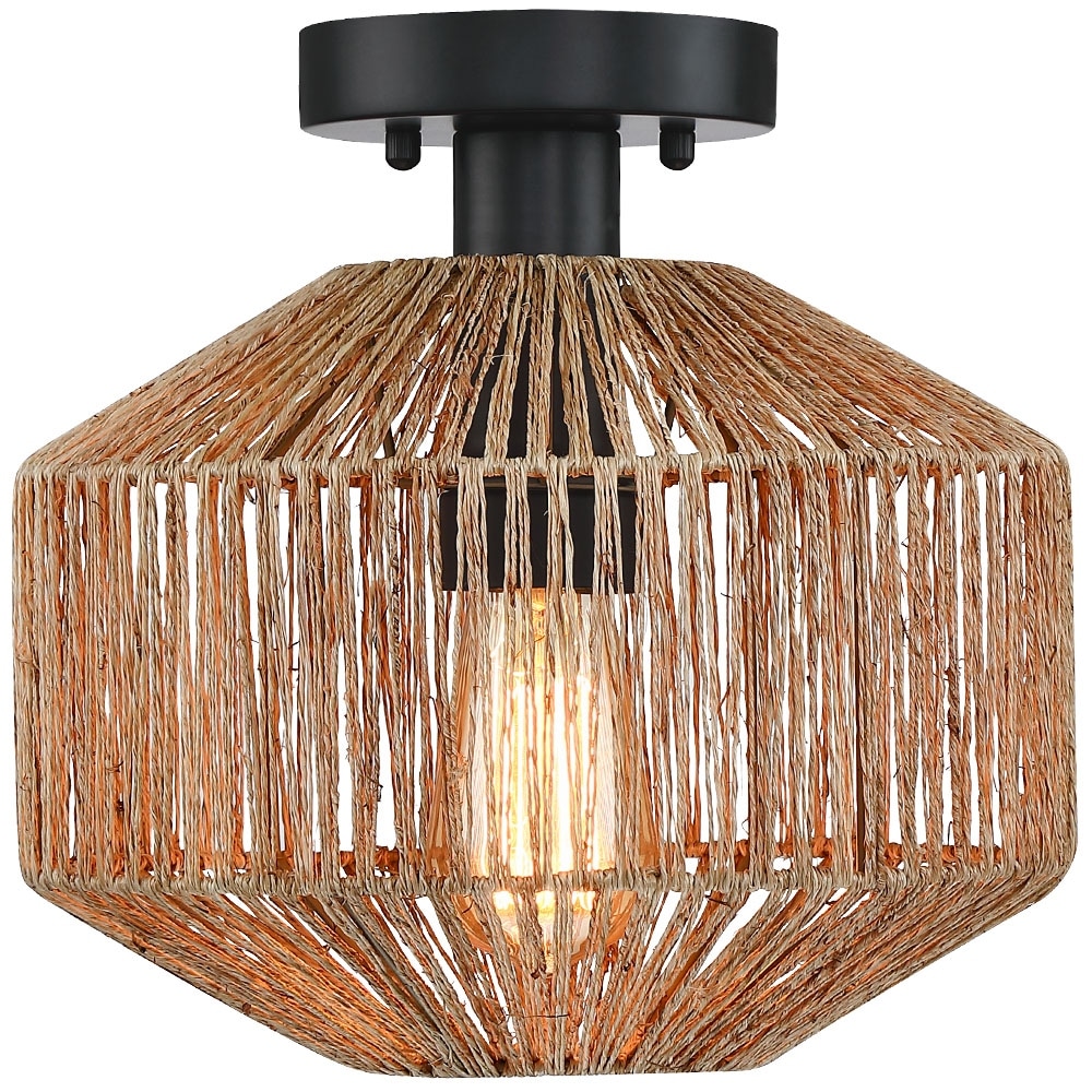 True Fine Bohemian Natural Jute Rope Semi Flush Mount Ceiling Light with Black Hardware - 10.2 in.W