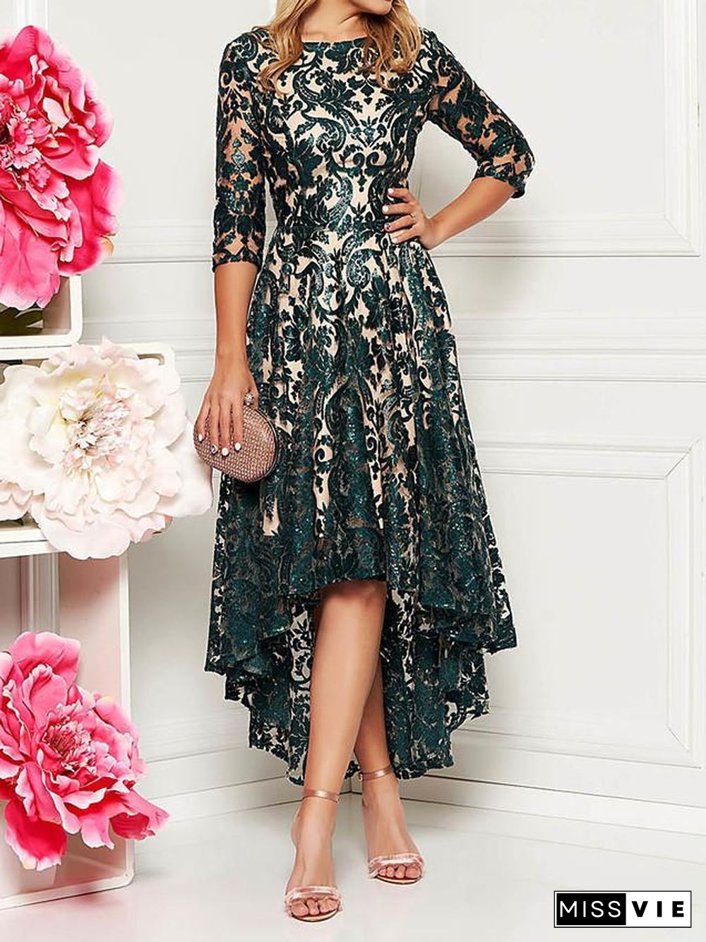 Women's A-Line Dress Midi Dress Half Sleeve Solid Color Floral Lace Spring & Summer All Seasons Hot Elegant Green M L XL XXL