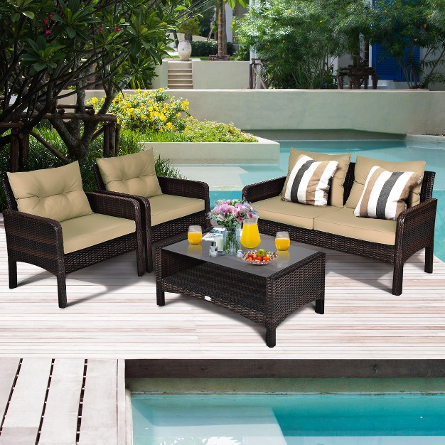 Costway 4pcs Patio Rattan Furniture Set Loveseat Sofa Coffee Table Sofa W cushion Garden