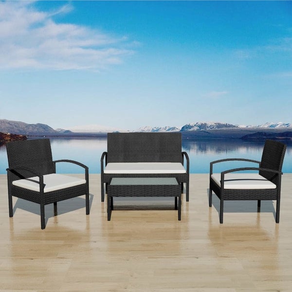 4 Piece Patio Lounge Set with Cushions Poly Rattan Black - Overstock - 36363730