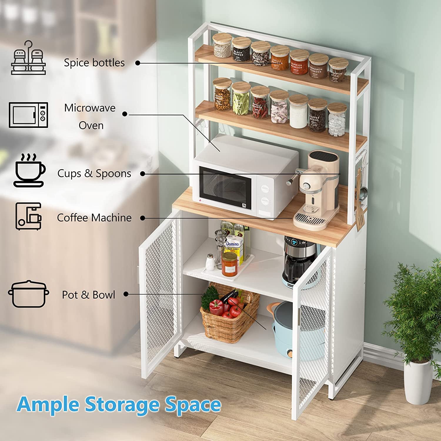 5 Tier Kitchen Bakers Rack with Hutch， Cabinet and 8 Hooks