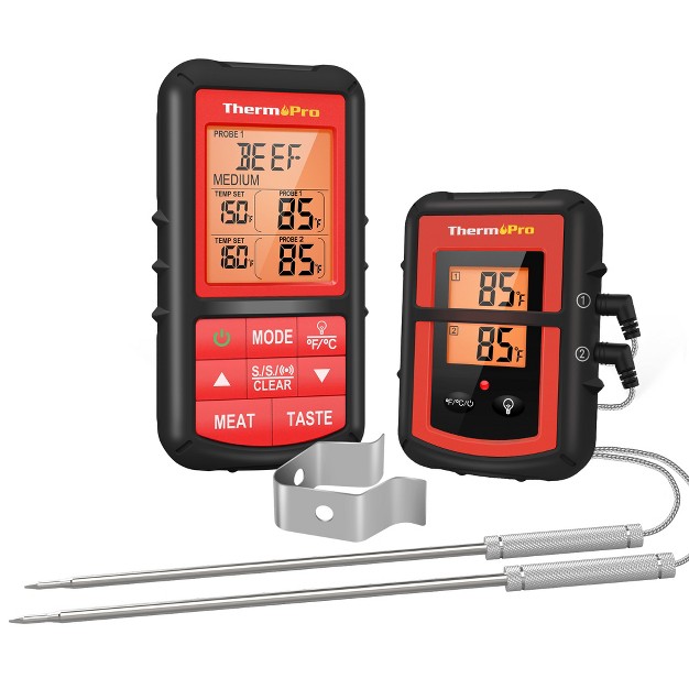 Thermopro Tp20bw Remote Meat Thermometer With Large Lcd Display And Dual Stainless Steel Probes For Grilling Smoker Bbq Thermometer