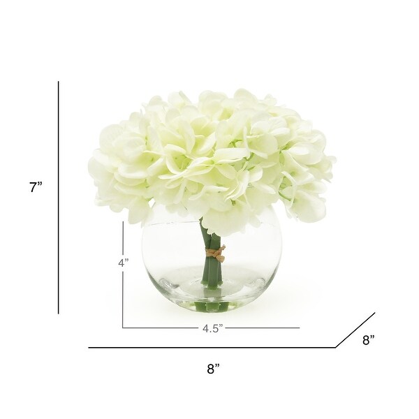 Artificial Hydrangea Flower Arrangement in Round Glass Vase 7in