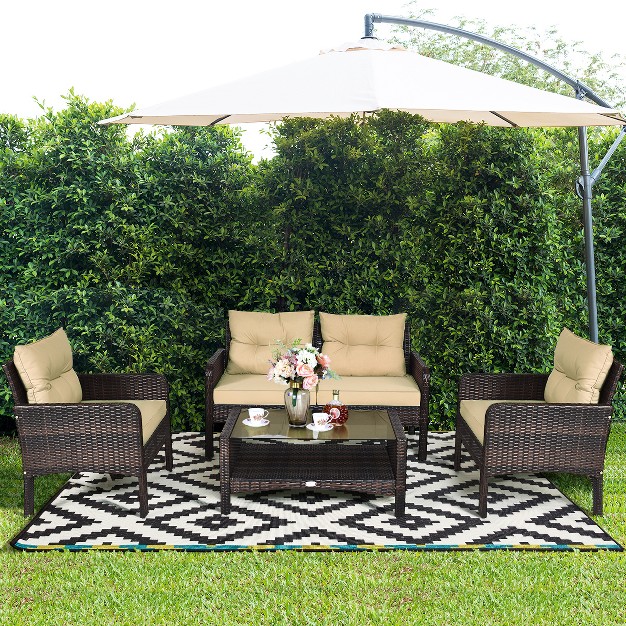 Costway 4pcs Patio Rattan Furniture Set Loveseat Sofa Coffee Table Sofa W cushion Garden