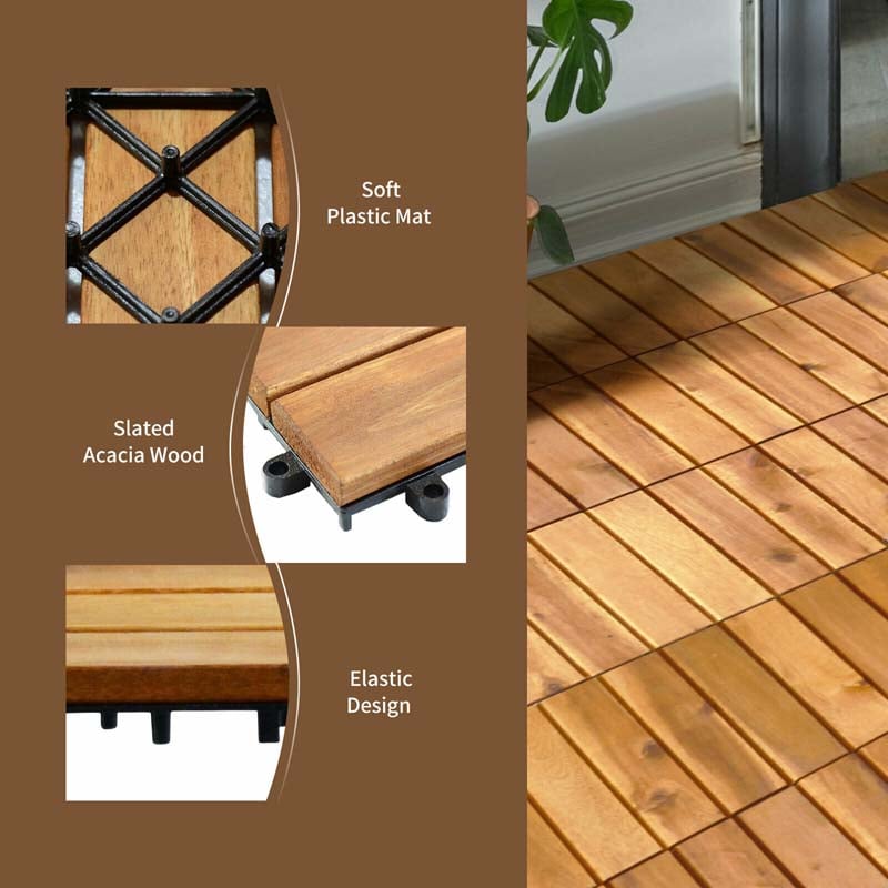 27 Pcs Interlocking Patio Deck Tiles, 12 x 12in Acacia Wood Floor Tiles, 27 sq. Ft Wood Composite Deck Flooring Pavers