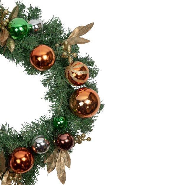 Unlit Green Foliage And Copper Ornaments Christmas Wreath