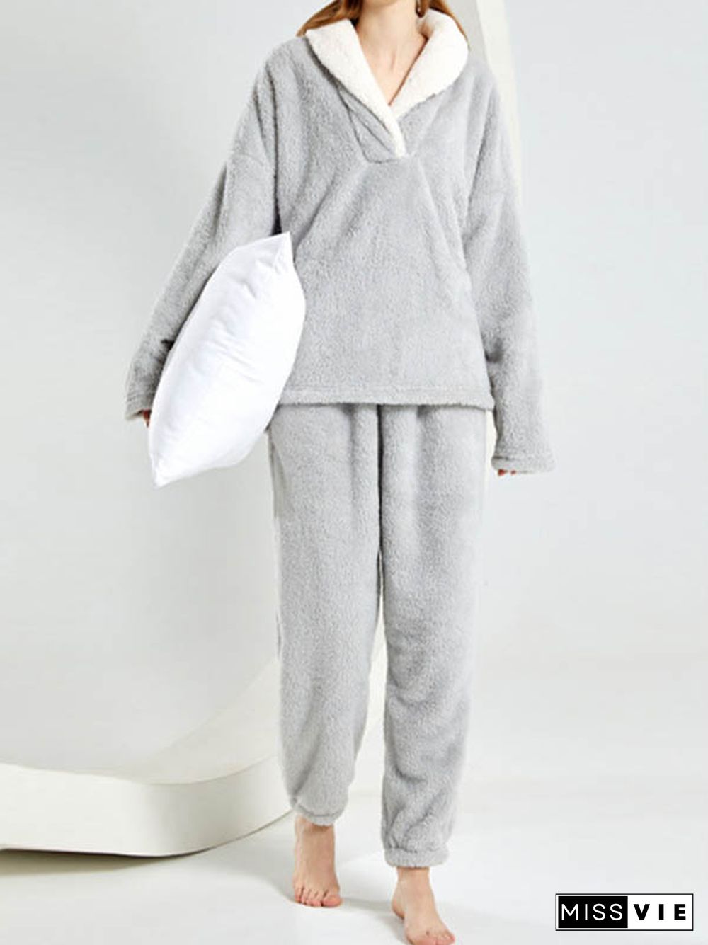 Coral Fleece Split-Joint V-Neck + Pants Pajama Two Pieces Set