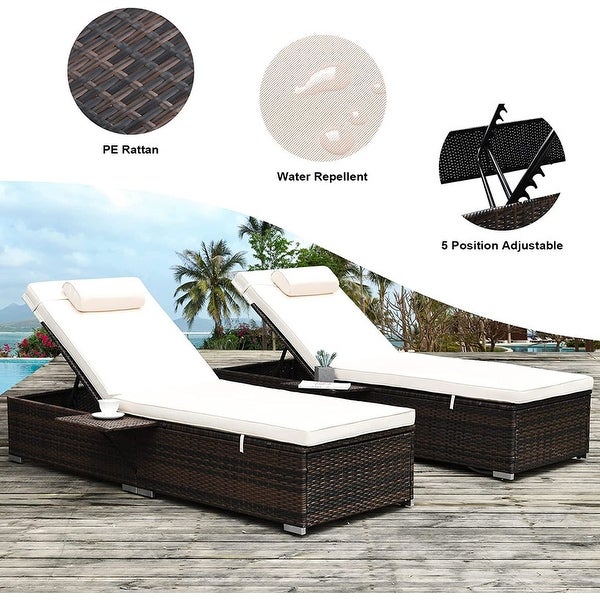 Wicker Chaise Lounge Outdoor Set of 2 with Cup Holder and Cushions